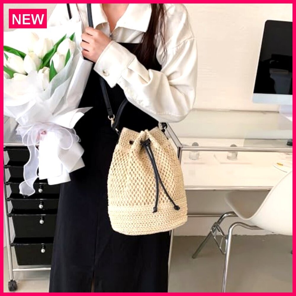 Straw Bucket Bag Woven Crossbody Hobo Drawstring Purse Beach Handbag - Picture 3 of 8